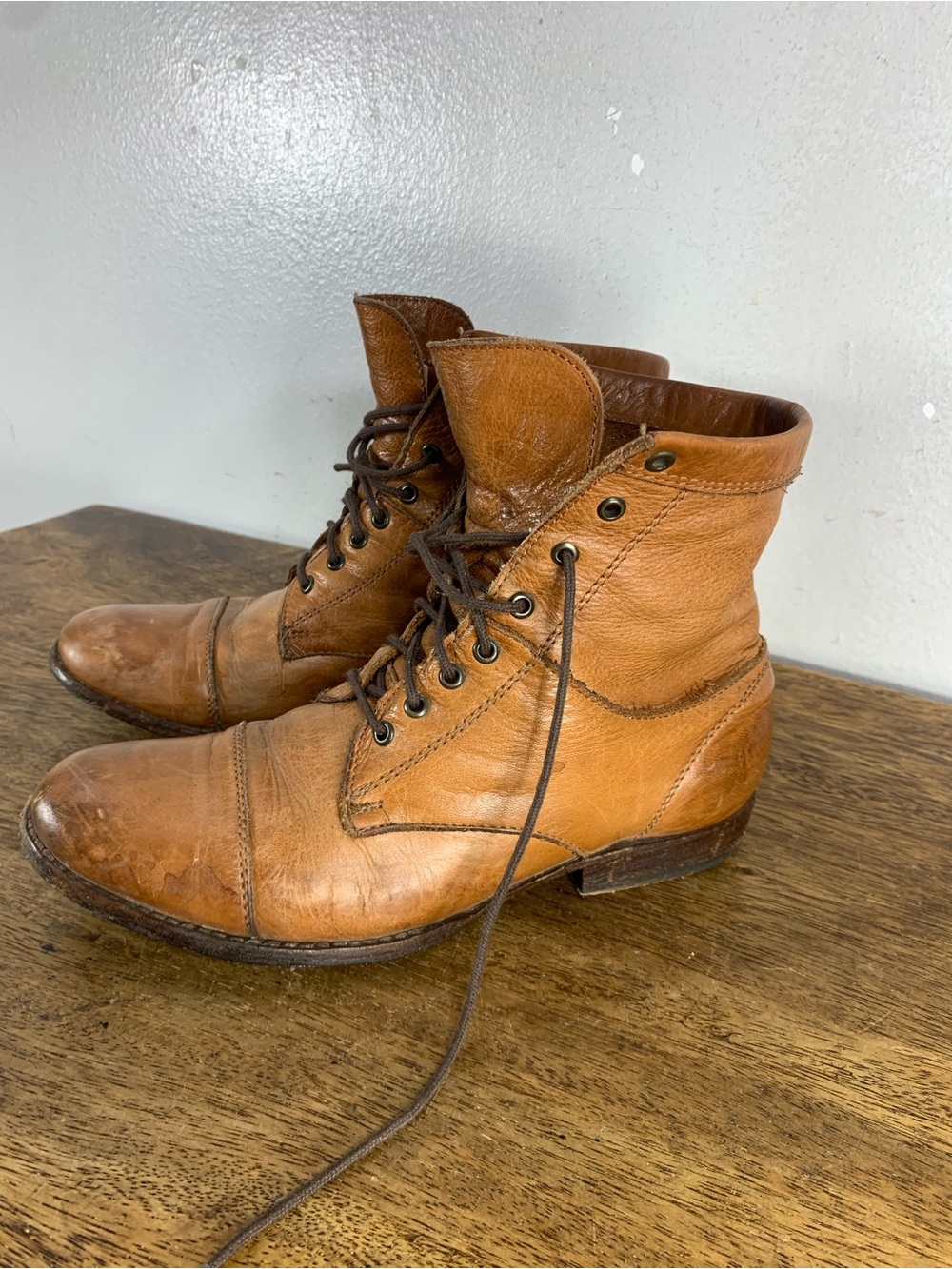 FRYE vintage combat style lace up cognac distressed leather boots